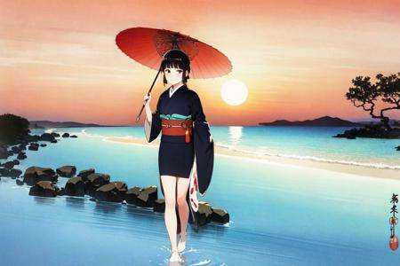 ohara koson,  1girl,  beach on Tensor.Art