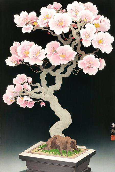 ohara koson,  black background,  cherry blossoms tree on Tensor.Art