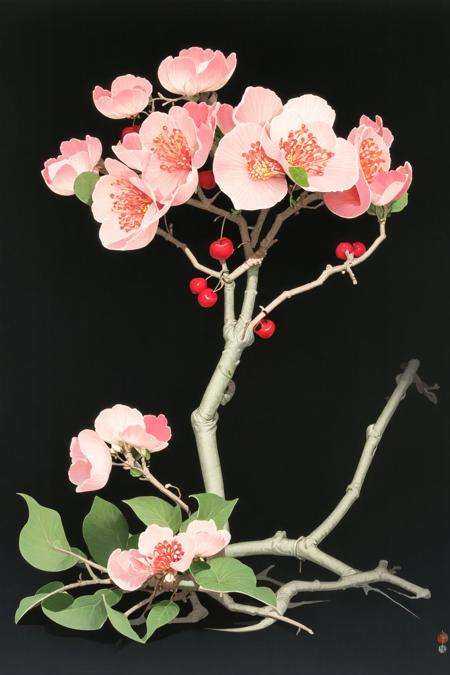 ohara koson,  black background,  cherry blossoms tree on Tensor.Art