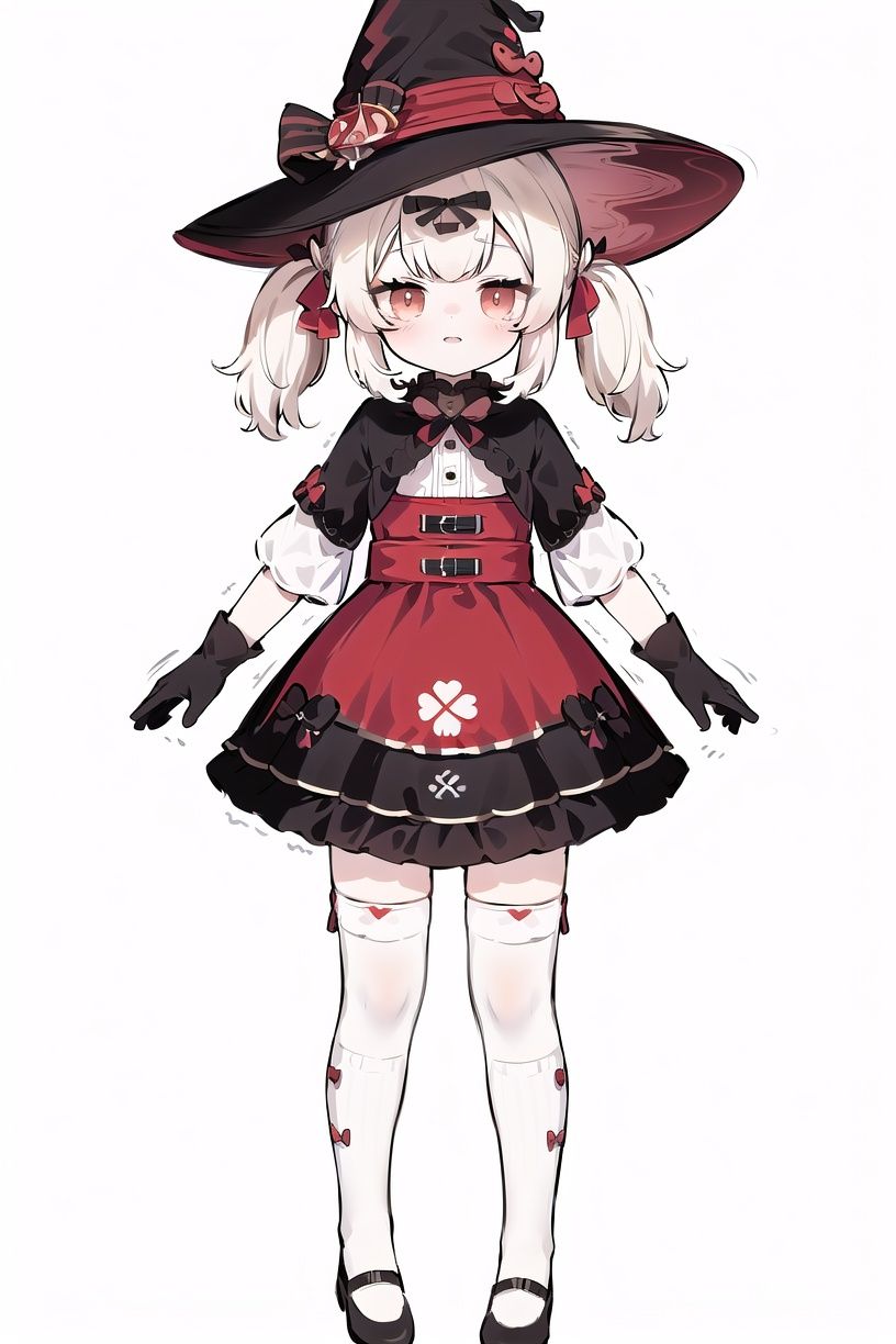 (8k, best quality, masterpiece), (ultra-detailed:1.1), (high detailed skin), full body, <lora:klee_v1:0.65:char>,   kleenew, loli, child, red_dress, witch hat, black_gloves, twintails, bow, clover print, hat ornament, kneehighs,sidelocks, (white background, simple background:1.4), (black outline:1.2), 