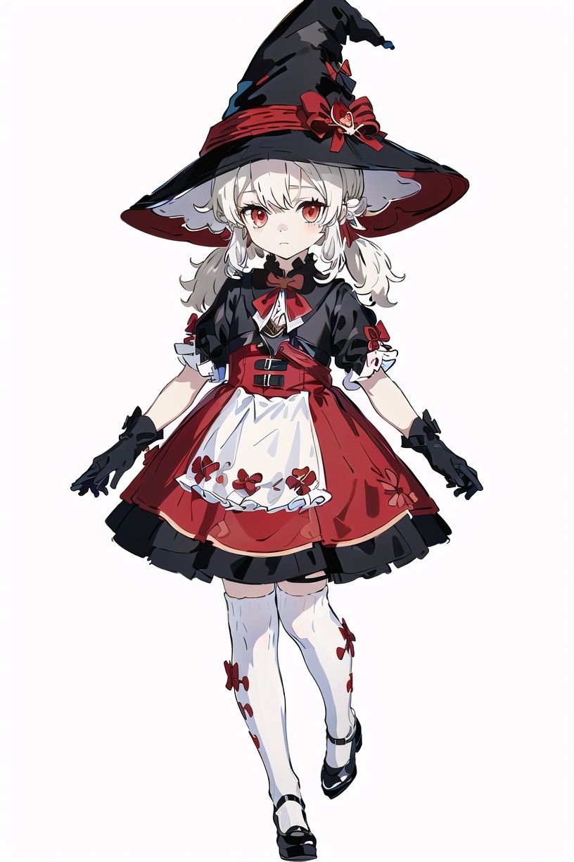 (8k, best quality, masterpiece), (ultra-detailed:1.1), (high detailed skin), full body, <lora:klee_v1:0.65:char>,  kleenew, loli, child, red_dress, witch hat, black_gloves, twintails, bow, clover print, hat ornament, kneehighs,sidelocks,(white background, simple background:1.4), (black outline:1.2), 