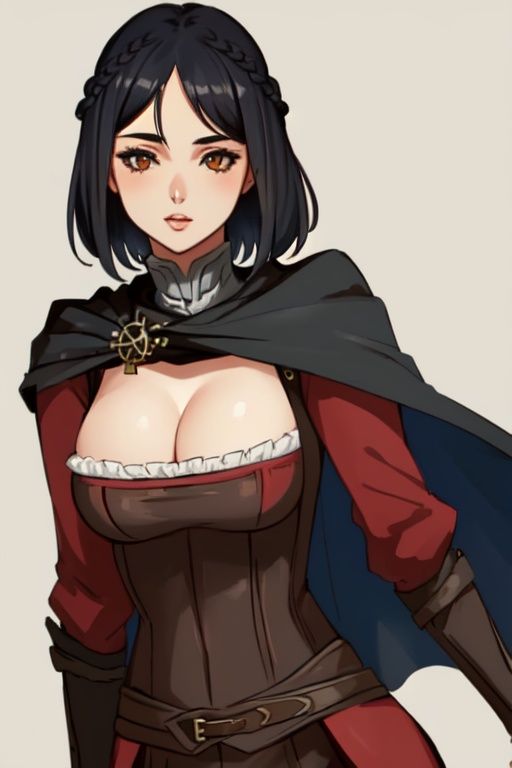 Serana, 1girl, breasts, black_hair, solo, cleavage, braid, large_breasts, cape
,photorealistic