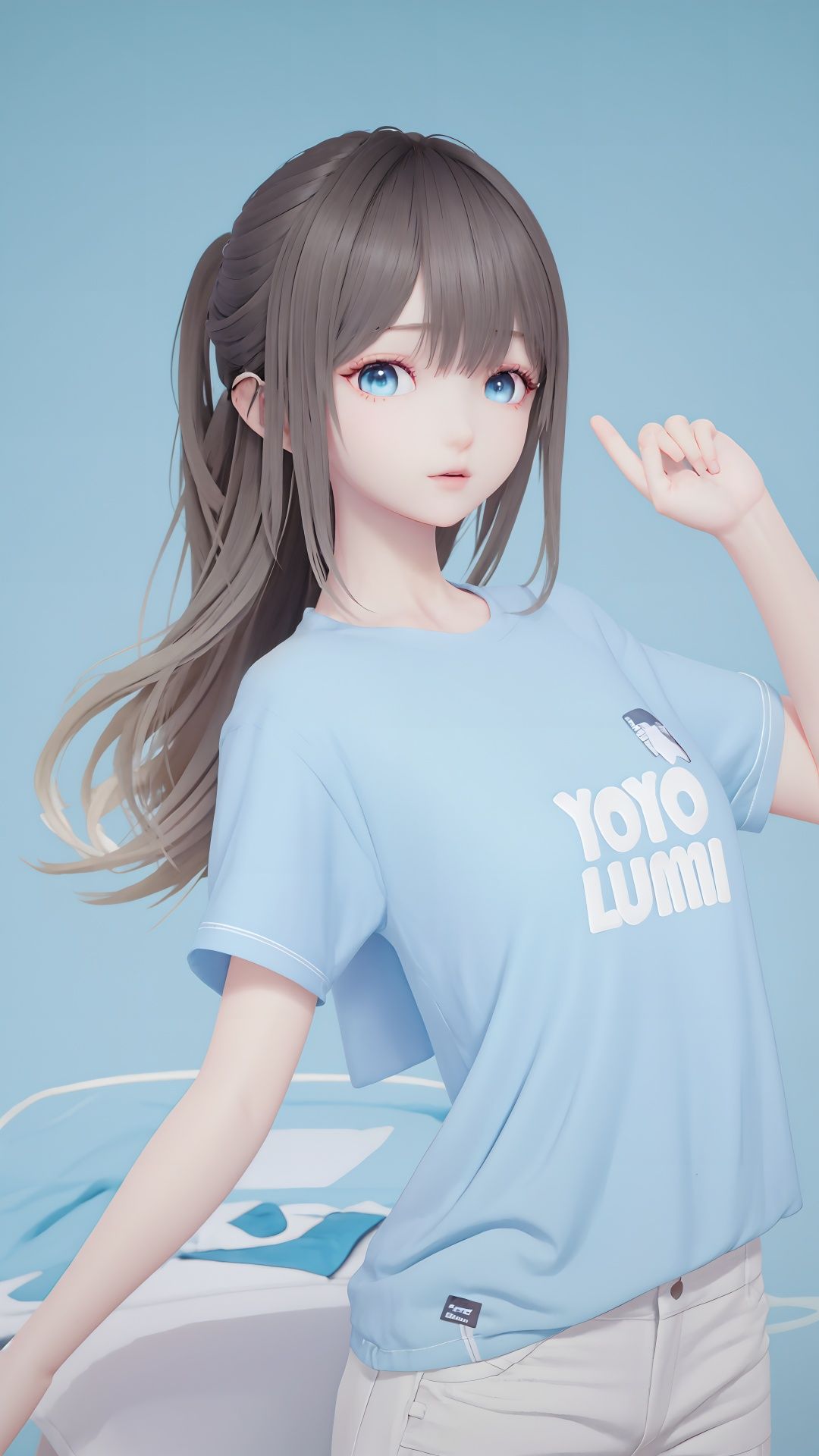 masterpiece,best quality,1girl, side ponytail, blue shirt, t-shirt , white shorts, dynamic pose, dynamic angle, cowboy shot, <lora:lumi:0.8>