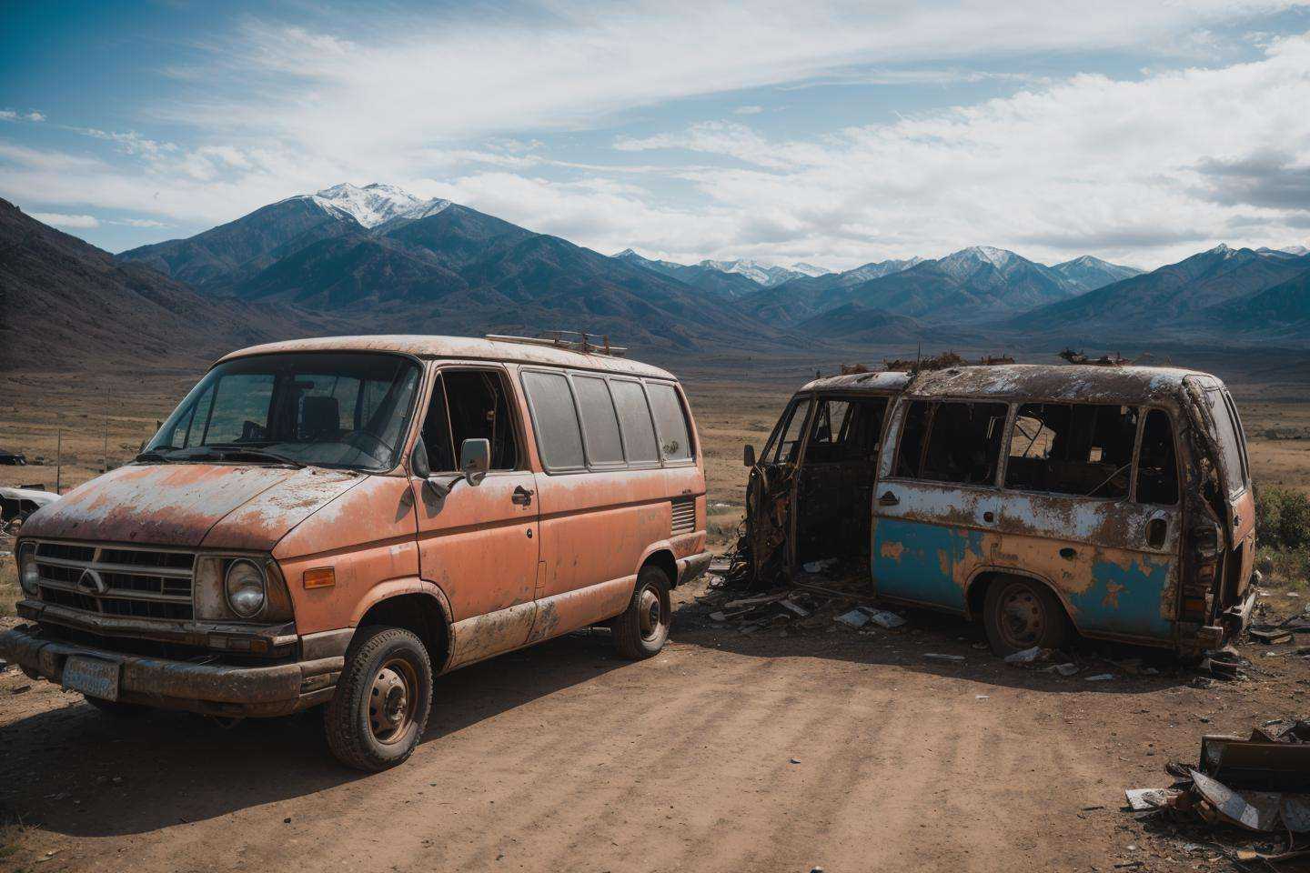 postapocalypse, photo of wrecked old van, natural lighting, 8k uhd, high quality, film grain, Fujifilm XT3
