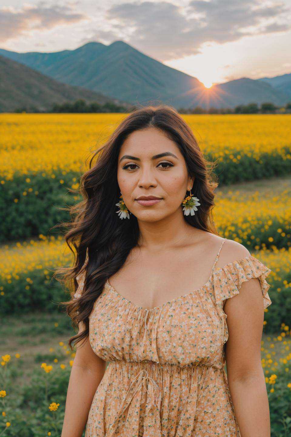 RAW photo, (closeup:1.2), portrait photo of 32 y.o mexican woman, flower dress, field of flowers, standing, natural skin, sunset, mountains, clouds, 8k uhd, high quality, film grain, Fujifilm XT3