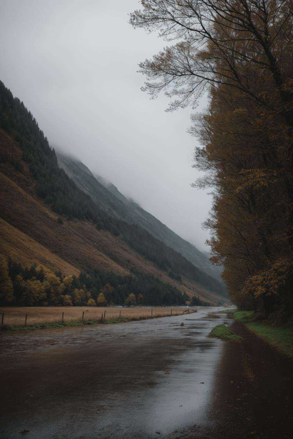 photo of landscape, rainy weather, 8k uhd, high quality, film grain, Fujifilm XT3