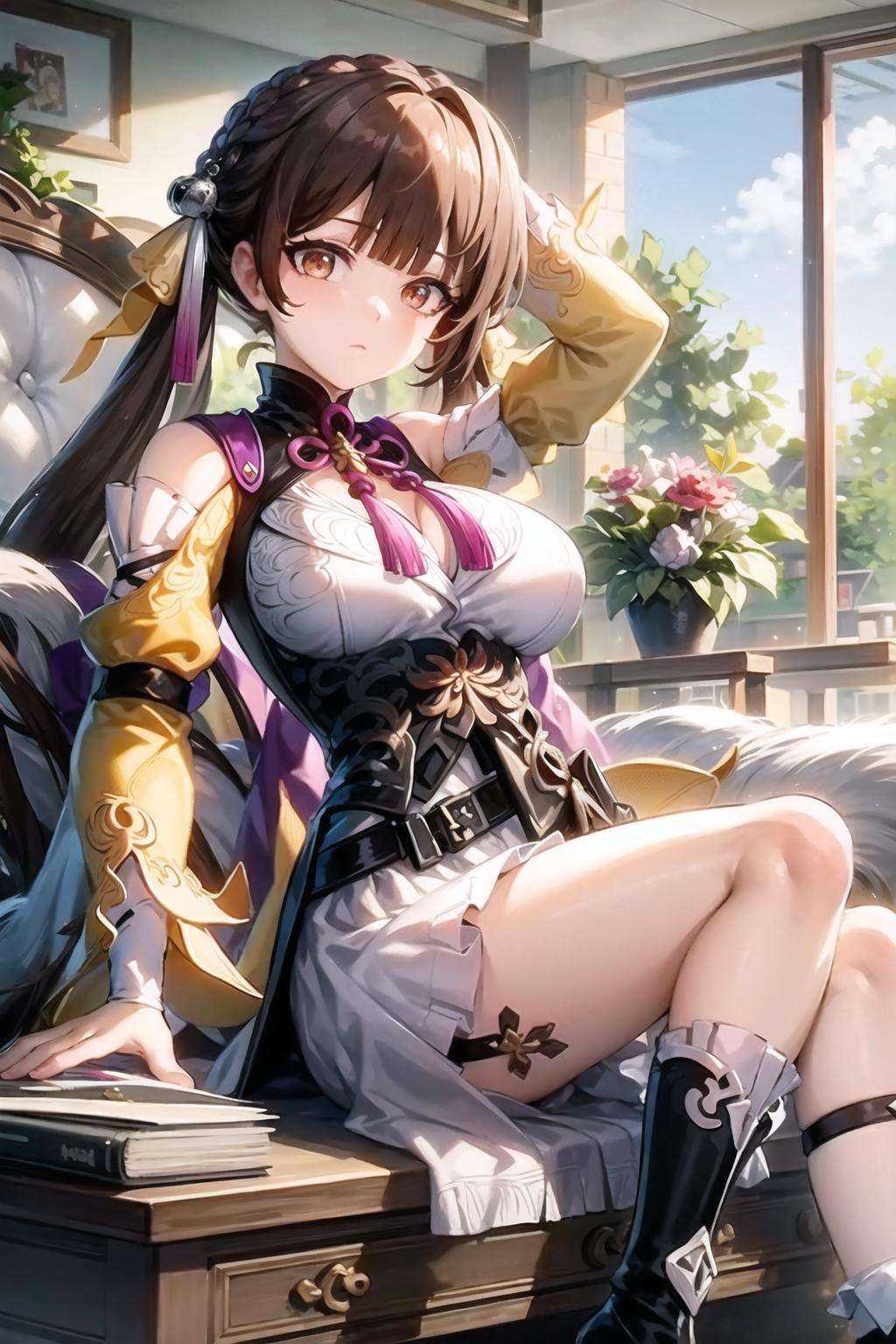 masterpiece, best quality, SushangV4, 1girl, solo, long hair, breasts, large breasts, hair ornament, long sleeves, dress, cleavage, bare shoulders, closed mouth, braid, chinese clothes, indoors, sitting, couch, window, arm behind head, arm up, <lora:SushangV4-10:1>