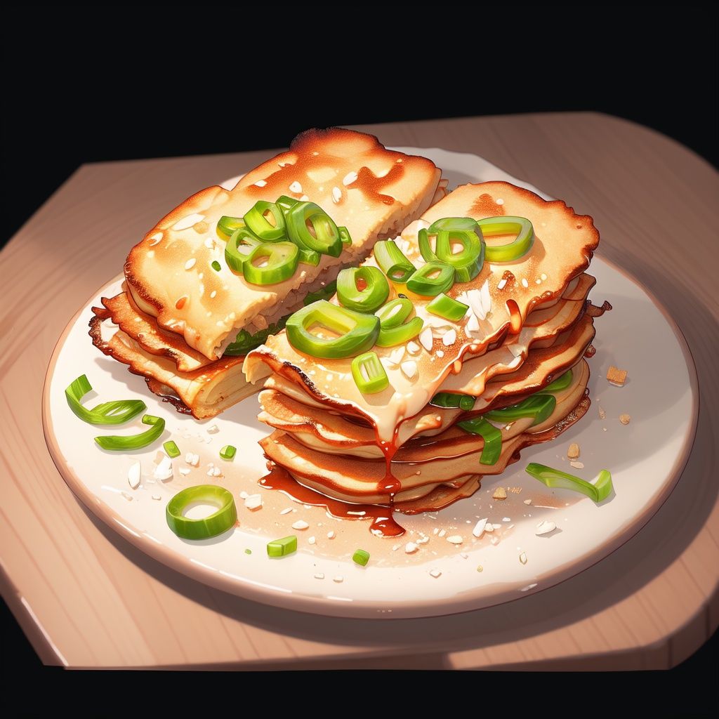 food, game icon institute, game icon,black background,simple background,plate,<lora:icon food-000038jiu:0.6>,jianbing pancake,crispy wonton and green onions, 