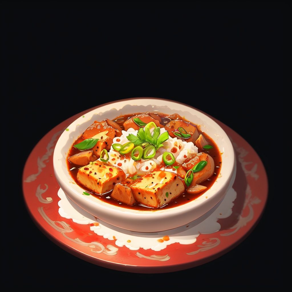 food, game icon institute, game icon,black background,simple background,plate,<lora:icon food-000038jiu:0.6>,mapo tofu, in Sichuan cuisine,tofu