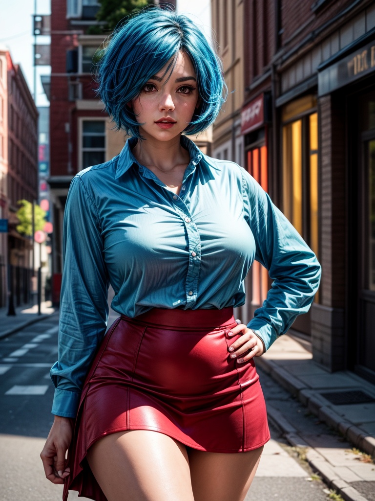 a professional photo of bluehaired woman,  wearing a collared white shirt,  asymmetric pink skirt on Tensor.Art