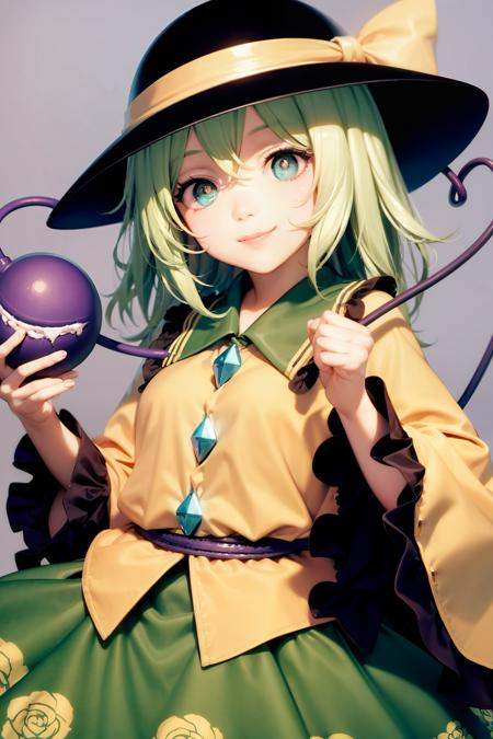 masterpiece, best quality,  <lora:KomeijiKoishi:1>,1girl,smile,komeiji koishi, hat,hat bow,green hair,green eyes,symbol-shaped pupils,yellow shirt,green skirt,third eye,long sleeves, wide sleeves, floral print, eyeball,grey background, 