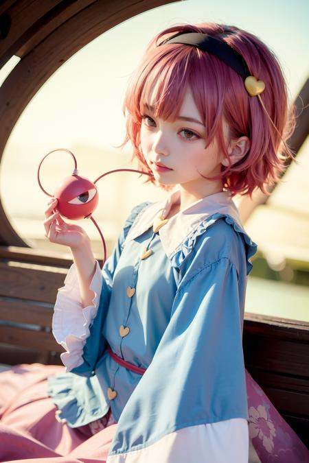 masterpiece, best quality,   <lora:KomeijiSatori:1>,third eye,eyeball,1girl,komeiji satori,ahoge, pink hair,pink eyes,short hair,hairband, frilled shirt collar,blue shirt,pink skirt,floral print,long sleeves, wide sleeves, sleeves past wrists,heart, 