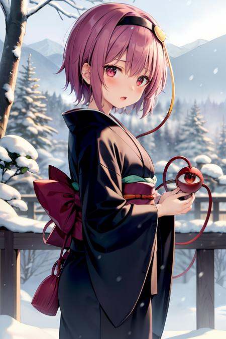 masterpiece, best quality,   <lora:KomeijiSatori:1>,komeiji satori, 1girl, solo, japanese clothes, kimono, hairband, short hair, pink hair, third eye, water, heart, snow, tree, wide sleeves, bath yukata, long sleeves, red eyes, blush, alternate costume, hanten (clothes), outdoors, sash, yukata, waterfall, bare tree, black hairband, parted lips, black kimono, winter, heart hair ornament, from side, eyeball, pink eyes, open mouth, snowing, obi, onsen, mountain, hair ornament, standing, day