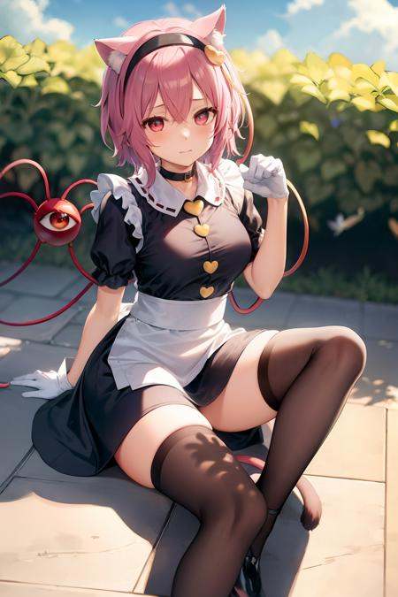 masterpiece, best quality,   <lora:KomeijiSatori:1>,komeiji satori, 1girl, animal ears, gloves, cat, red footwear, pink hair, cat ears, thighhighs, white gloves, dress, blue dress, sitting, short sleeves, short hair, hair between eyes, hairband, third eye, puffy sleeves, fake animal ears, red eyes, heart, bangs, black thighhighs, puffy short sleeves, looking at viewer, frills, black hairband, collar, apron, kaenbyou rin (cat), kaenbyou rin, solo, heart hair ornament, knee up, hand up, petticoat, alternate costume, paw pose, shoes, breasts, day, blue sky, sky, leaf, thighs, tail, white apron, closed mouth, blush, cat tail, black cat, bug, outdoors, hair ornament, arm support, animal, butterfly, wooden floor, mary janes, shadow, paw print, red collar, foot out of frame, cloud, medium breasts, blue shirt, bow, frilled apron, on floor, maid, eyeball, plant, frilled dress, feet out of frame, choker, high heels, enmaided, pink eyes