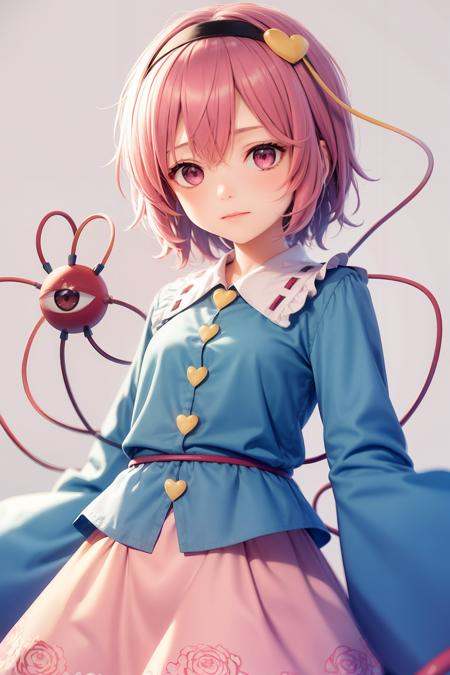 masterpiece, best quality,   <lora:KomeijiSatori:1>,1girl,komeiji satori,ahoge, pink hair,pink eyes,short hair,hairband, frilled shirt collar,blue shirt,pink skirt,floral print,long sleeves, wide sleeves, sleeves past wrists,heart, third eye, grey background, 