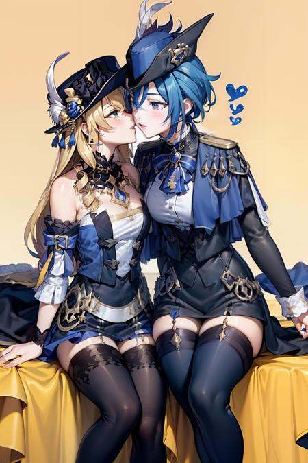 masterpiece, best quality, <lora:nxc01:1>,2girls,clorinde,navia,sitting,kiss