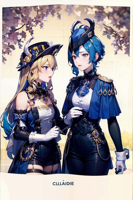 masterpiece, best quality, <lora:nxc01:1>,2girls,clorinde,navia,blue hair,blonde hair, 