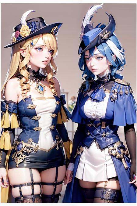 masterpiece, best quality, <lora:nxc01:1>,2girls,clorinde,ascot,navia,grey background, 