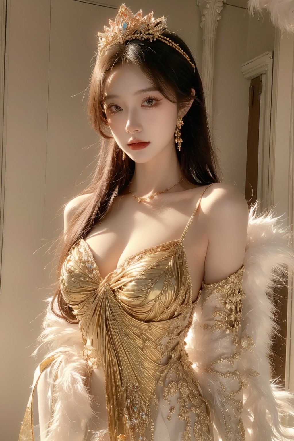 pink-hair princece, ((((gorgeous)))) royal dress, ((((gorgeous)))) royal panties ((((gorgeous)))) gold tiara, ((((gorgeous)))) gold necklace, ((((gorgeous)))) gold accessories, nude, small nipple, (big breasts),huliya,yuyao,The eye,fox
