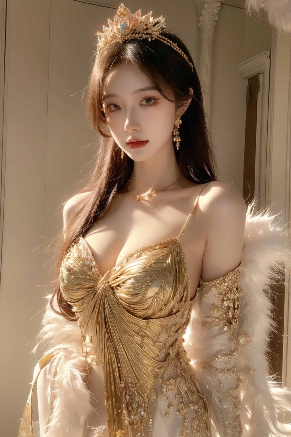 pink-hair princece, ((((gorgeous)))) royal dress, ((((gorgeous)))) royal panties ((((gorgeous)))) gold tiara, ((((gorgeous)))) gold necklace, ((((gorgeous)))) gold accessories, nude, small nipple, (big breasts),huliya,yuyao,The eye,fox