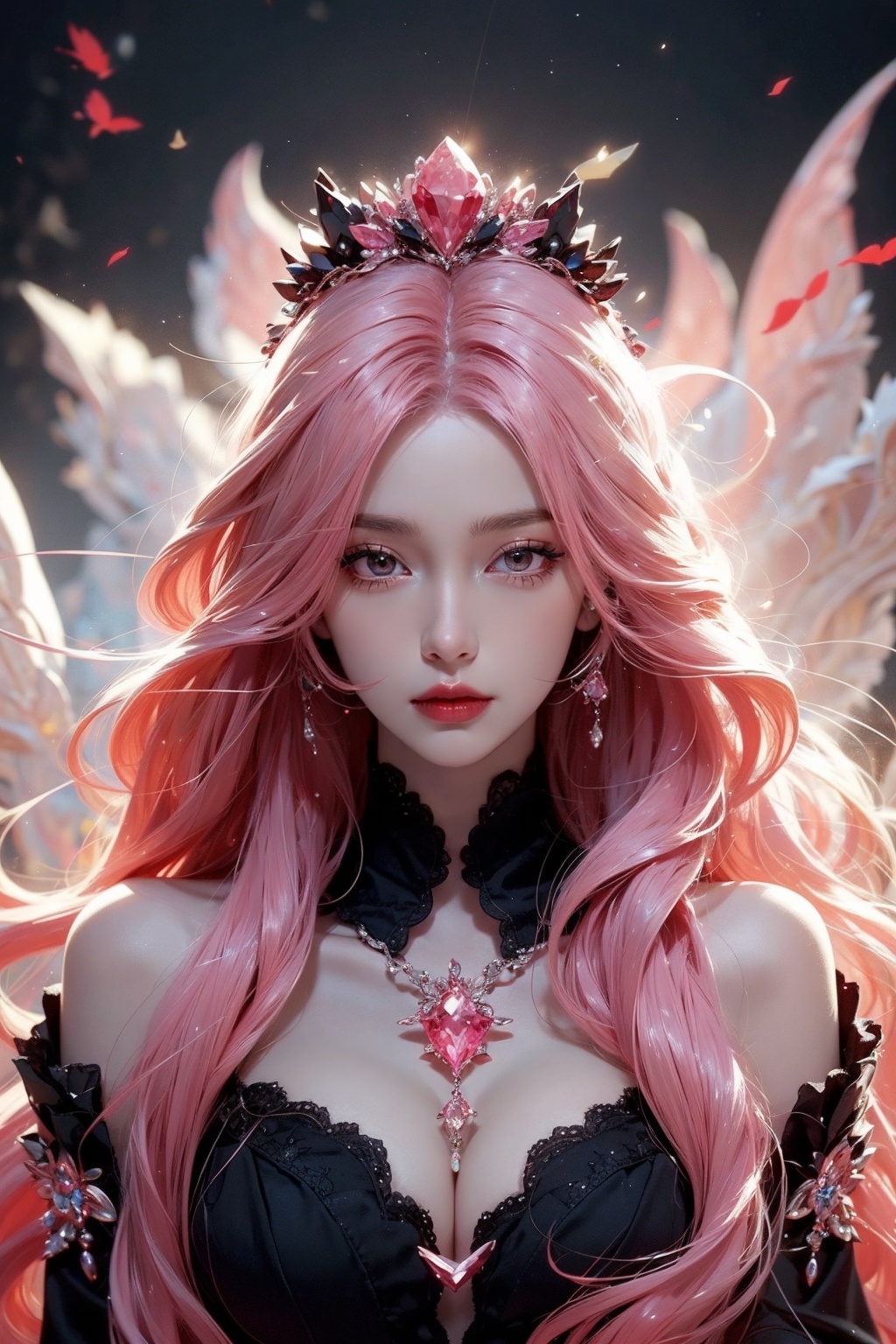 (aerial view,view of city),1girl flying in air,beautiful cute crystal girl in 26 years old, wearing crystal wear, the crystal is evil, black and pink and red glowing crystal, crystal pink hair, the power is every wear, she is evil but cute, the crystal is evil and glowing black and pink and red colors, detailed evil eyes,she has a serious expression and her lips are closed glowing crystal wear, (incredible details, cinematic ultra wide angle, depth of failed, hyper detailed, insane details, hyper realistic, high resolution, cinematic lighting, soft lighting, incredible quality, dynamic shot,,Hair with scenery,baiyueguangya,huliya