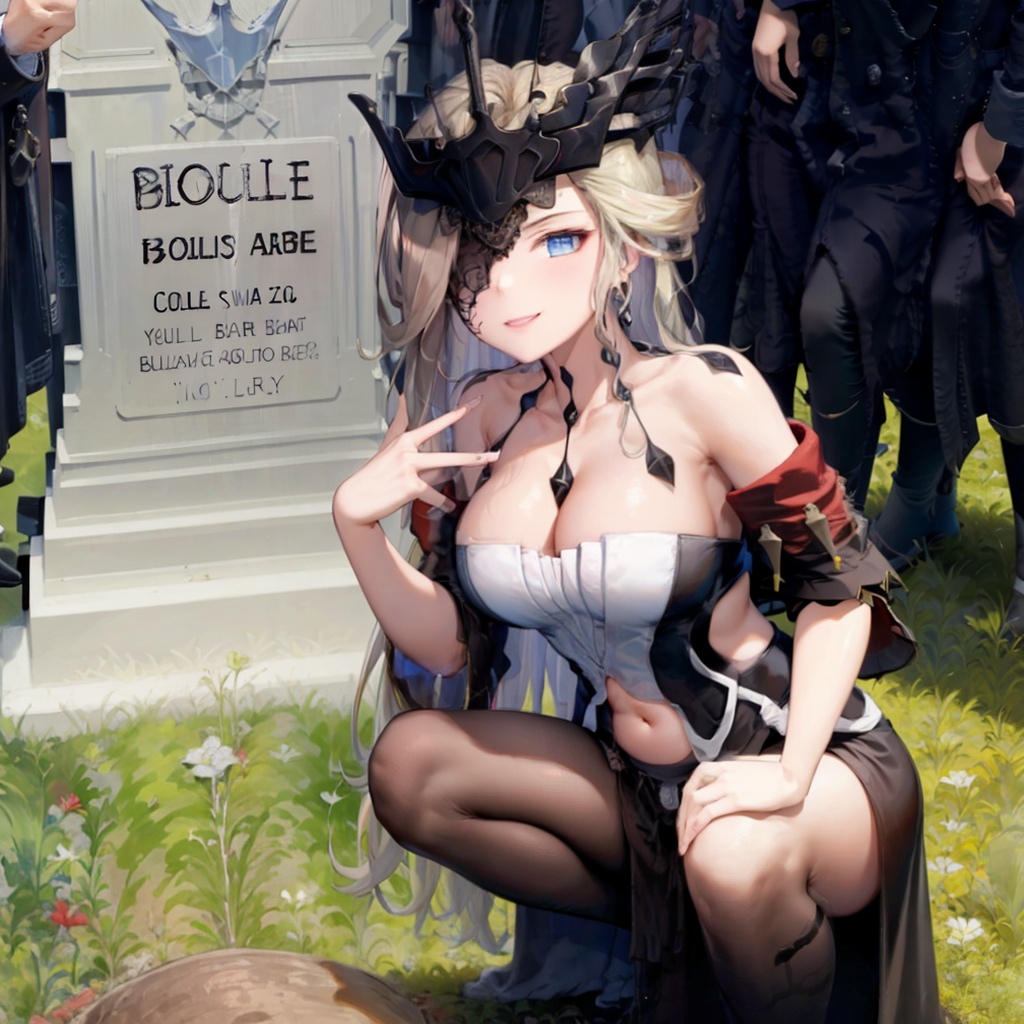 masterpiece, best quality,  <lora:signora:1>, 1girl,,blonde hair, mask,blue eyes,eyepatch, cleavage, large breasts, bare shoulders, navel, dress, <lora:GrantGustinNextToOliverQueensGraveMeme:1>,QueensGraveMeme,v,smile