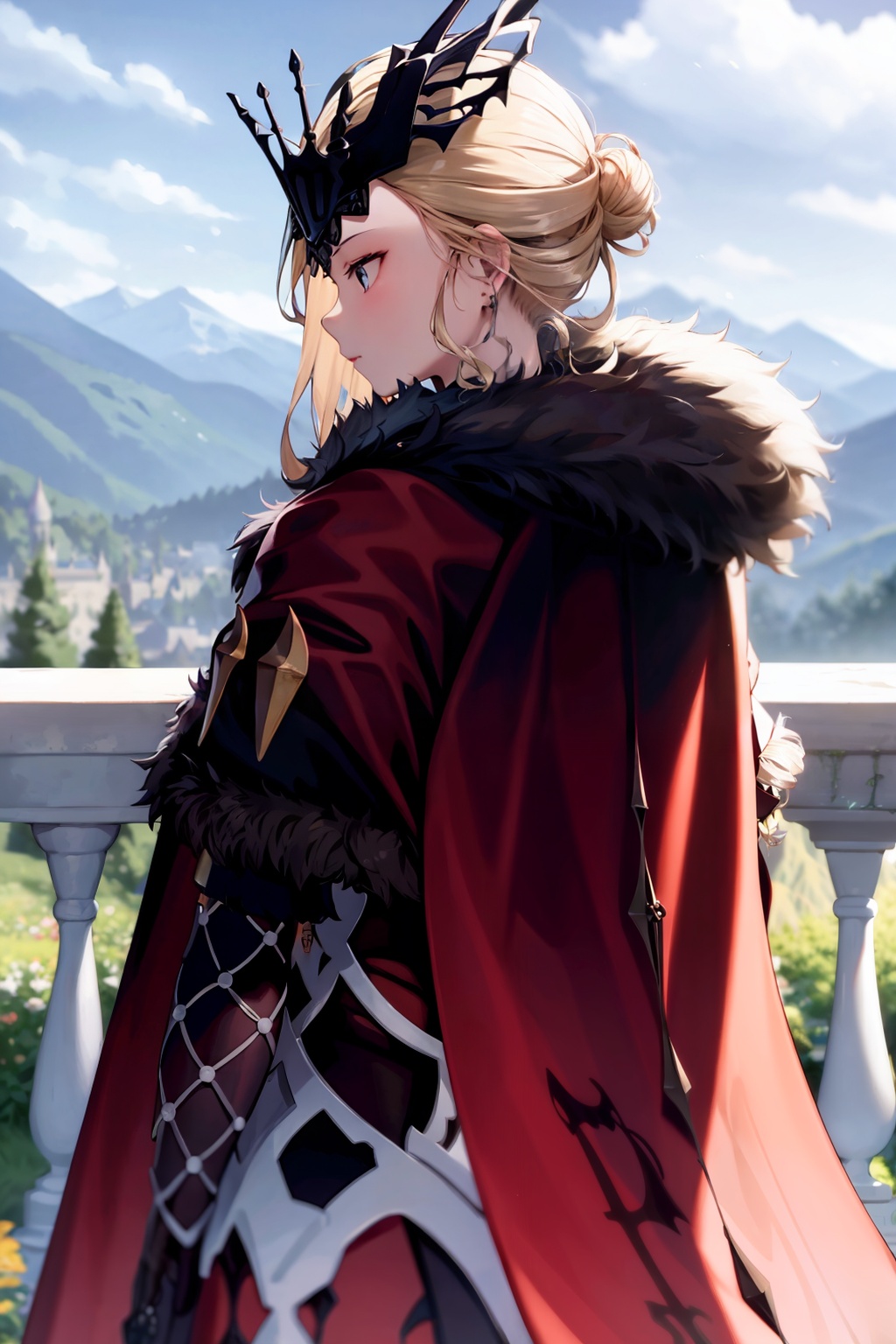 masterpiece, best quality,  <lora:signora:1>,crown, blonde hair, bug, fur trim, butterfly, cape, solo, blurry, fur-trimmed cape, outdoors, castle, 1girl, 1boy, artoria pendragon (fate), hair bun, male focus, tree, from behind, blurry background, white cloak, mountain, armor, cloak, table, depth of field, railing, scenery, single hair bun, from side, upper body