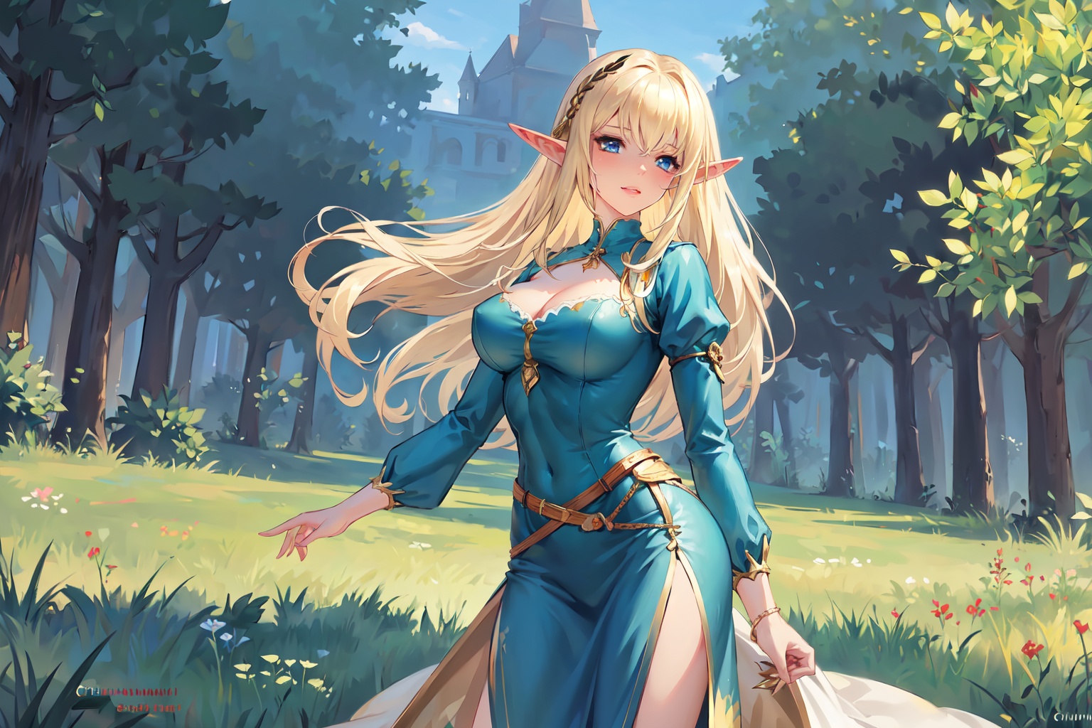 (masterpiece:1.2), best quality,PIXIV, ChihunHentai,1girl, breasts, blonde hair, elf, dressed in a magnificent gown, court dress,forest of magic,  <lora:ChihunHentai_20230709225610-000004:0.9>  
