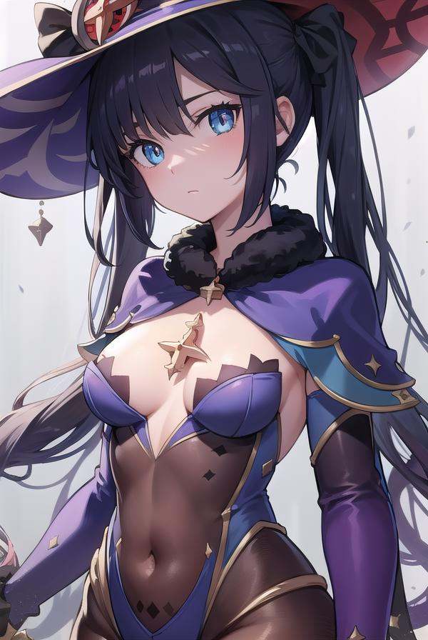monamegistus, <lora:monatest:1>, mona, blue eyes, hair between eyes, twintails, very long hair, purple hair, hat, (small breast:1.2), witch hat,BREAK black bodysuit, black gloves, blue sleeves, bodysuit, capelet, covered navel, detached sleeves, gloves, high heels, leotard, long hair, long sleeves, multicolored sleeves, purple capelet, purple sleeves, strapless, strapless leotard,BREAK outdoors, city,BREAK looking at viewer,BREAK <lora:GoodHands-vanilla:1>, (masterpiece:1.2), best quality, high resolution, unity 8k wallpaper, (illustration:0.8), (beautiful detailed eyes:1.6), extremely detailed face, perfect lighting, extremely detailed CG, (perfect hands, perfect anatomy),