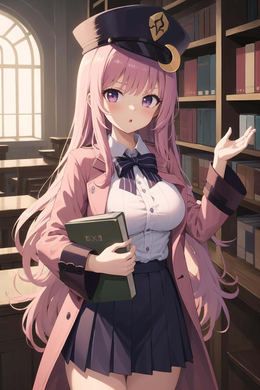 best quality, masterpiece,1girl, :o, blush, book, breasts, coat, crescent, crescent_hair_ornament, crescent_hat_ornament, hair_ornament, hat, hat_ornament, large_breasts, library, long_hair, long_sleeves, looking_at_viewer, mob_cap, parted_lips, pink_shirt, pink_skirt, purple_eyes, purple_hair, shirt, skirt, solo, striped, vertical_stripes, very_long_hair, wide_sleeves,1햐