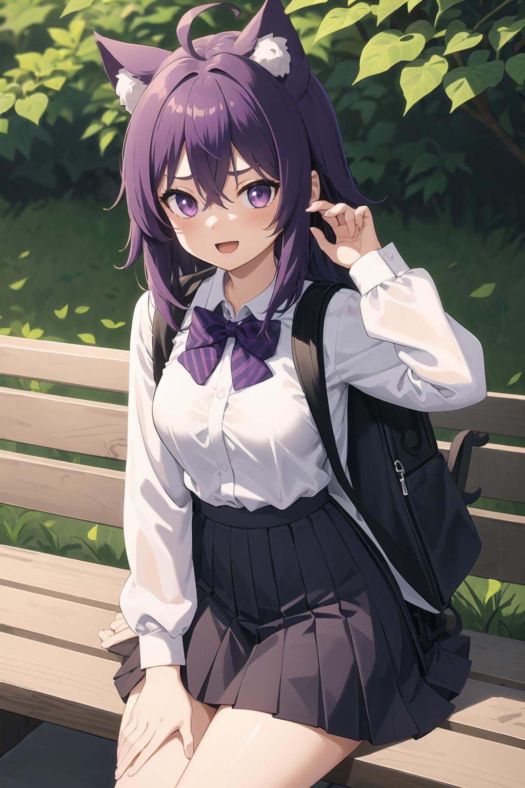 best quality, masterpiece,girl,1girl, ahoge, animal_ear_fluff, animal_ears, backpack, bag, bangs, bench, between_legs, black_cat, black_skirt, blush, bow, bowtie, breasts, cat, cat_ears, crossed_bangs, eyebrows_visible_through_hair, grey_jacket, hair_between_eyes, hair_ornament, hand_between_legs, jacket, leaf, looking_at_viewer, medium_breasts, milk_carton, open_mouth, opening, pleated_skirt, purple_bow, purple_bowtie, purple_eyes, purple_hair, shirt, sitting, skirt, smile, solo, virtual_youtuber, white_shirt