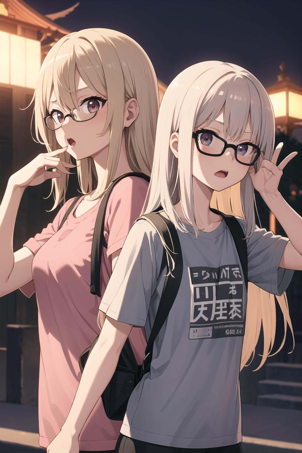 best quality, masterpiece,girl,2girls, ana_coppola, backpack, bag, black_eyes, blonde_hair, eye_contact, glasses, grey_hair, hand_on_ear, headphones, ichigo_mashimaro, long_hair, looking_at_another, multiple_girls, music, open_mouth, sakuragi_matsuri, shirt, short_hair, t-shirt, vector_trace