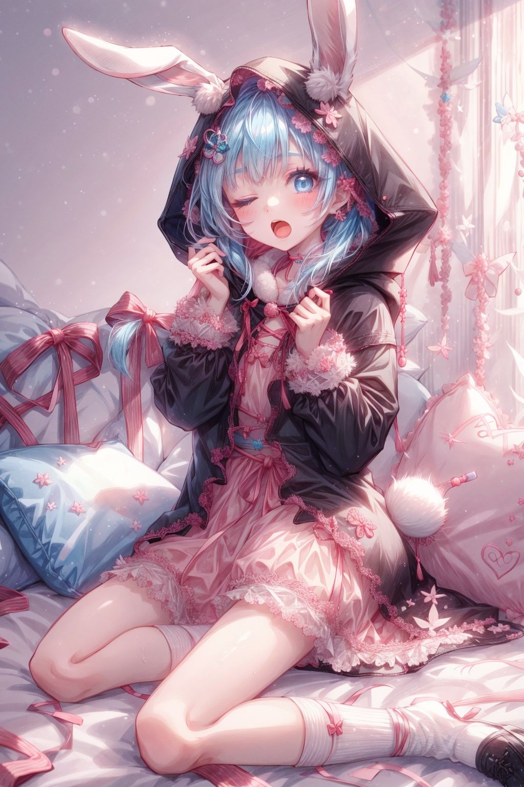 1girl,blue eyes,stuffed toy,one eye closed,animal ears,stuffed animal,yawning,rabbit ears,open mouth,long hair,hood,solo,virtual youtuber,sitting,tail,ribbon,stuffed bunny,bed,white hair,pillow,socks,dress,hair ornament,animal hood,bow,, <lora:EMS-1495-EMS:1.2>, <lora:EMS-4399-EMS:1>, <lora:EMS-1126-EMS:0.8>, <lora:EMS-1093-EMS:0.8>