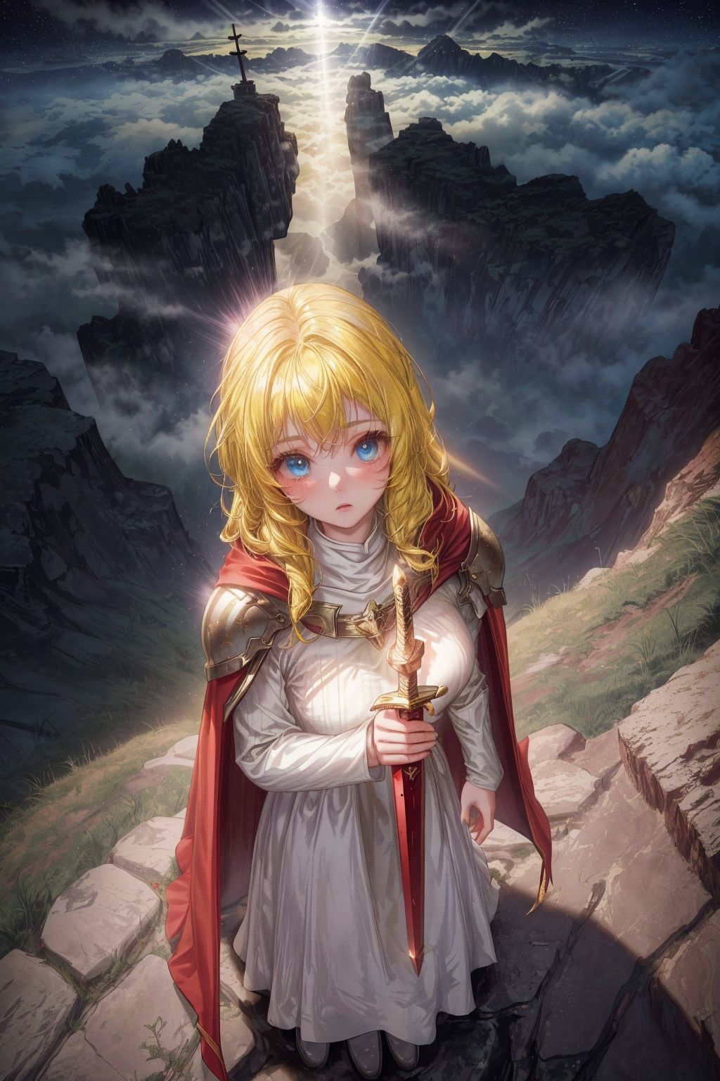 cowboy shot, 1girl, (yellow hair:1.35), blue eyes, (long hair:1.2), silver breastplate and shoulder plate, (red cape:1.25), (Gold sword in the ground：1.55),(white long dress:1.3), (standing on the cliff:1.25),strong light and shadow, Volumetric Lighting, backlight, starry, starry light, (night:1.2), colorful, cloud, star \(sky\), looking at sky, (from above:1.4), (holy light through thick black cloud to the girl:1.28), (light on girl:1.45),, <lora:EMS-4399-EMS:1>, <lora:EMS-1495-EMS:1.2>, <lora:EMS-1126-EMS:0.6>