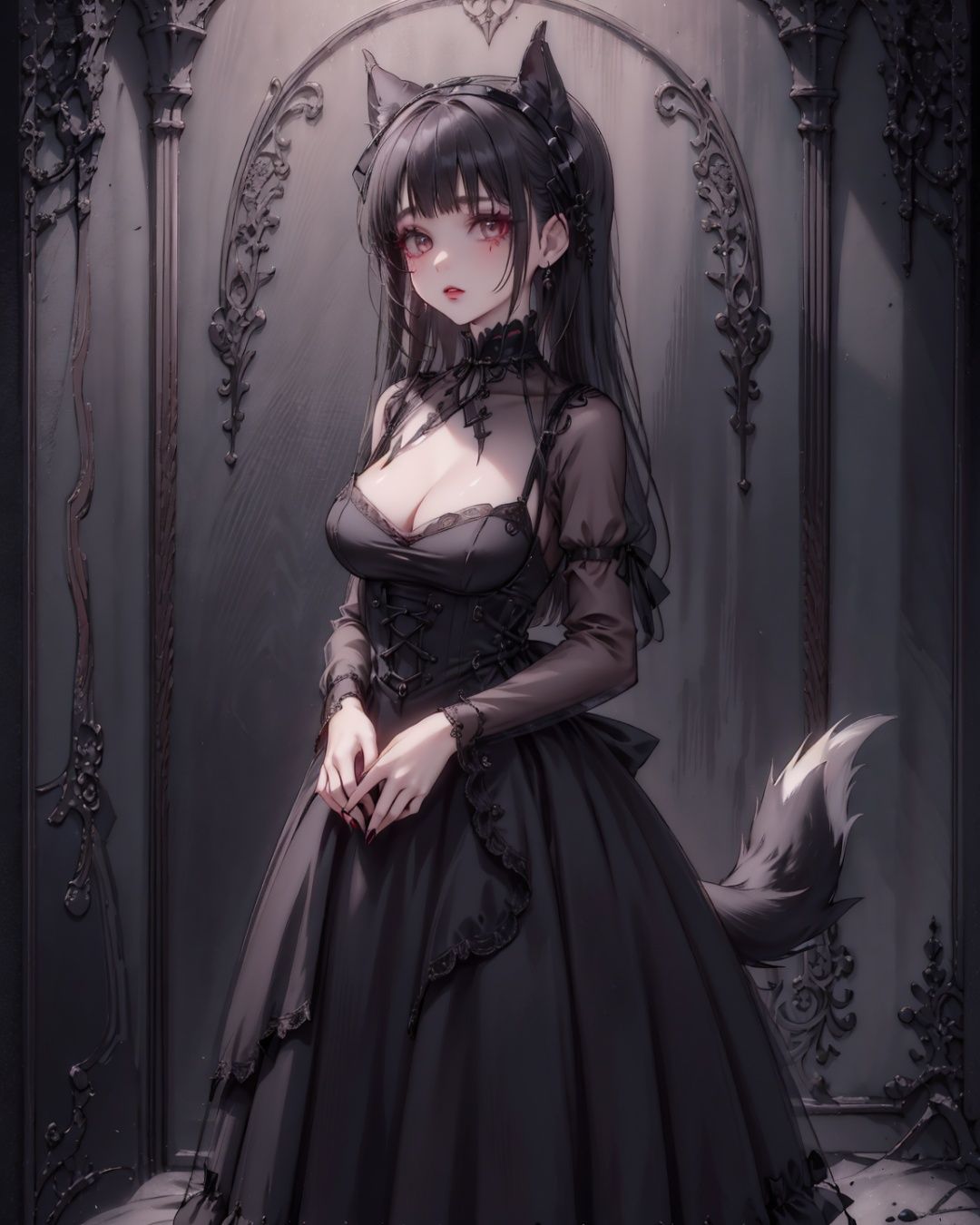 Masterpiece, utra detail, fine detail, tail, gothic background, 8k,magichands, loona, hellhound, loonashorts, loonacroptop, goth girl, goth makeup, ballgown, wearing a ballgown, gothic makeup, goth girl, furry, gothic dress 
