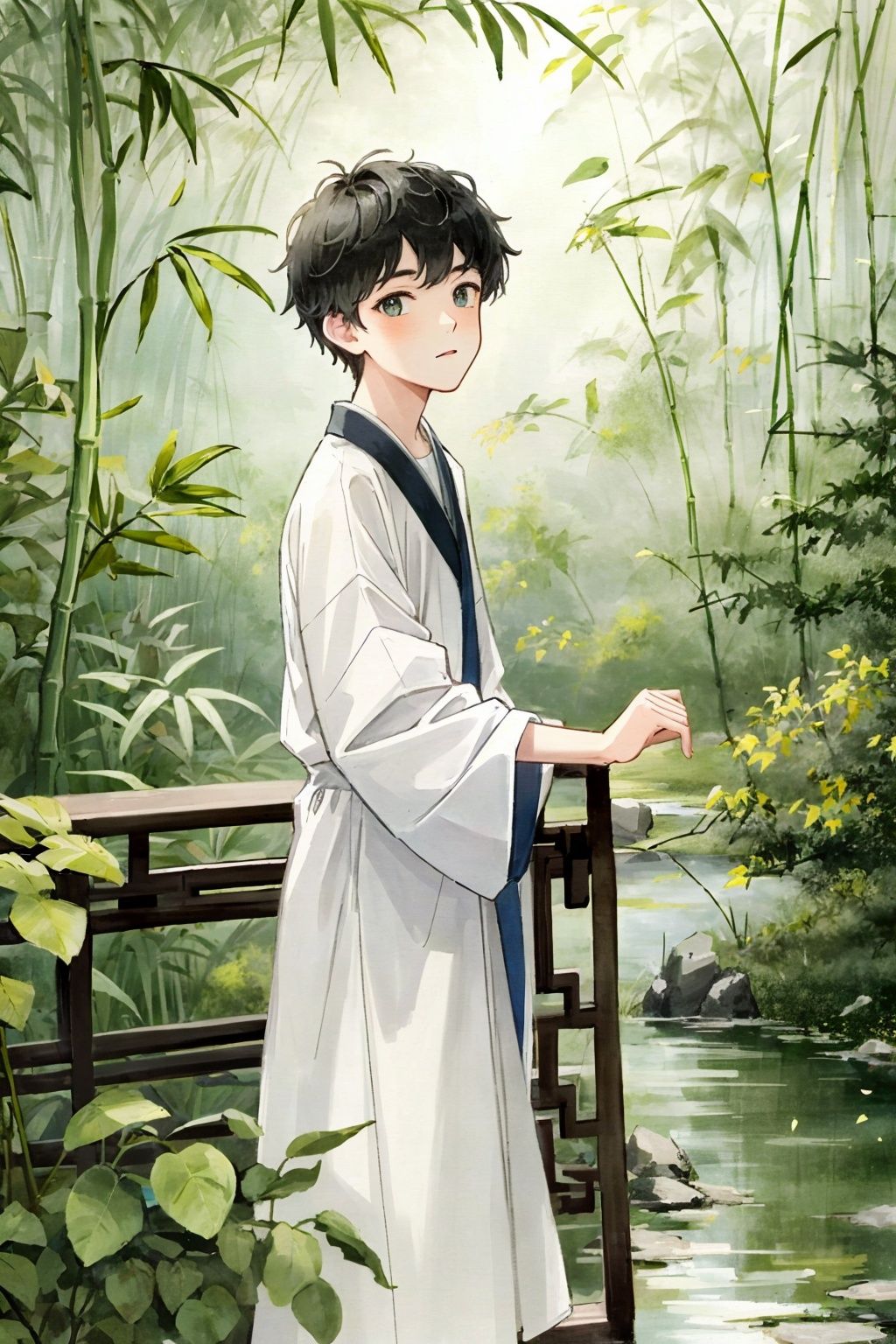 13 year old  BOY,white shirt,beauty,  (trees:0.5), (flowers:0.6) ,(birds:0.2), (bamboo0.1), lakes, Hangzhou,looking at viewer,
