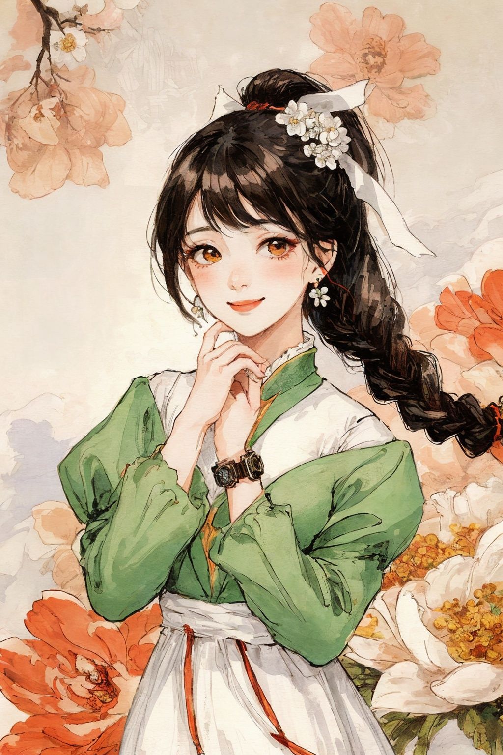 1girl, solo, braid, jewelry, blush, earrings, flower, bangs, floral print, looking at viewer, smile, long hair, long sleeves, floral background, upper body, dress, watch, bracelet, puffy sleeves, wristwatch, black hair, hair over shoulder, single braid, ribbon, white flower, hair ribbon, closed mouth, hand up, braided ponytail, chinese clothes, white dress, blue dress, hand on own chin, traditional media, brown hair