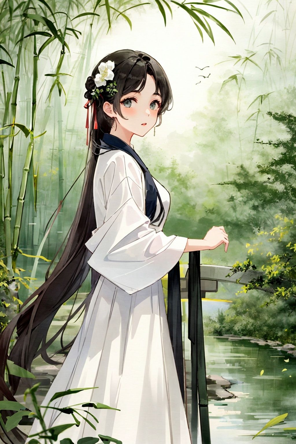 13 year old girl,white shirt,beauty,  (trees:0.5), (flowers:0.6) ,(birds:0.2), (bamboo0.1), lakes, Hangzhou,looking at viewer,