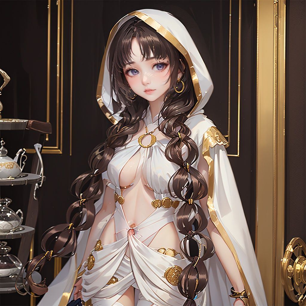 1 girl,  long brown hair,twins braid,white Hooded robe,mole under eyes,earrings,(((masterpiece,best quality))),((good structure，Good composition,good atomy)), ((clear, original,beautiful)), Intelligent repair,Intelligent AI, <lora:yifu_20230709221902-000008:0.8>