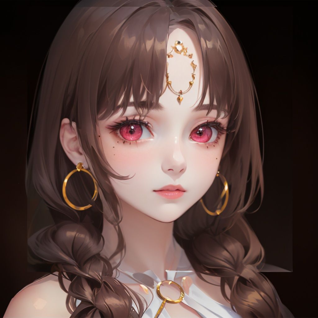 1 girl,  long brown hair,twins braid,forehead red gem,red eyes,mole under eyes,earrings,forehead red gem,upper body,(((masterpiece,best quality))),((good structure，Good composition,good atomy)), ((clear, original,beautiful)), Intelligent repair,Intelligent AI, <lora:yifu_20230709221902-000008:0.8>
