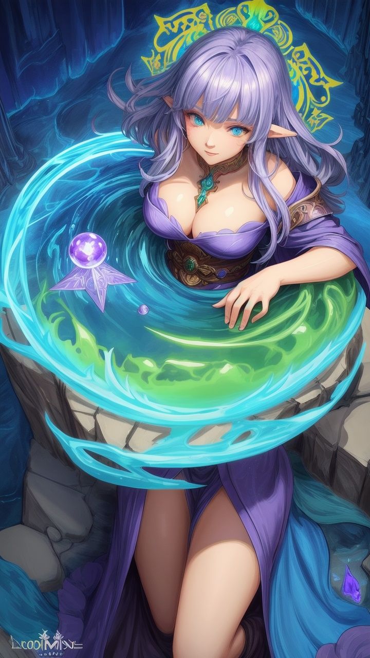 `(cel-shading style) extremely detailed illustration of a gorgeous sorceress wearing flowy robes,  flattering look,  (cent...