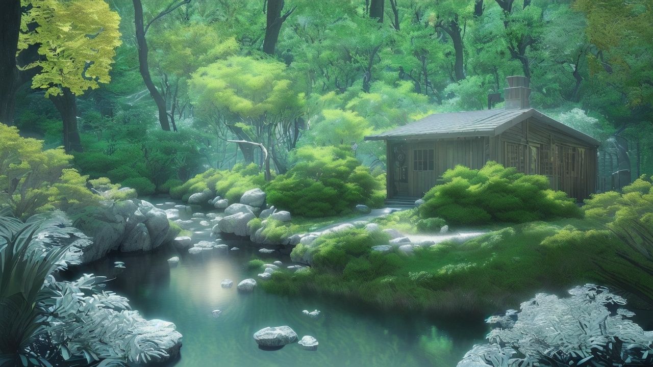 Tilt-shift photography,  An incredible house of great natural beauty,  the lake running around it on Tensor.Art