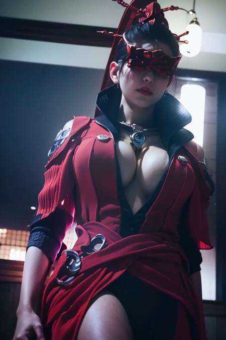 (8k, RAW photo, best quality, masterpiece:1.2), (realistic, photo-realistic:1.4), \(ulzzang-6500-v1.1\), \(detailed eyes\), \(detailed facial features\), \(\(detailed clothes features\)\), (upper body), (large breasts, cleavage), (face focus), extremely detailed CG unity 8k wallpaper, huge filesize, ultra-detailed, highres, absurdres, beautiful eyes, ray tracing, dramatic shadows, fine detail, dramatic angle, high saturation, lens flare, dramatic, god rays, silk, hyperrealistic, standing,( looking at viewer),indoors,Modern living room,1girl, solo,red dress, <lora:NarakaBladepoint_ninghongye-000018:1>