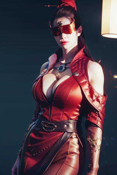 (8k, RAW photo, best quality, masterpiece:1.2), (realistic, photo-realistic:1.4), \(ulzzang-6500-v1.1\), \(detailed eyes\), \(detailed facial features\), \(\(detailed clothes features\)\), (upper body), (large breasts, cleavage), (face focus), extremely detailed CG unity 8k wallpaper, huge filesize, ultra-detailed, highres, absurdres, beautiful eyes, ray tracing, dramatic shadows, fine detail, dramatic angle, high saturation, lens flare, dramatic, god rays, silk, hyperrealistic, standing,( looking at viewer),indoors,Modern living room,1girl, solo,red dress, <lora:NarakaBladepoint_ninghongye-000018:.9>