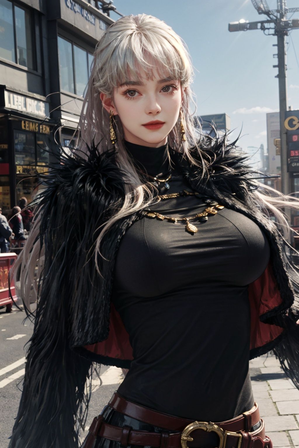 (8k, RAW photo, best quality, masterpiece:1.2), (realistic, photo-realistic:1.4), \(ulzzang-6500-v1.1\), \(detailed eyes\), \(detailed facial features\), \(\(detailed clothes features\)\), (upper body:1.2), (huge breasts:1.2), (face focus), extremely detailed CG unity 8k wallpaper, huge filesize, ultra-detailed, highres, absurdres, beautiful eyes, ray tracing, dramatic shadows, fine detail, dramatic angle, high saturation, lens flare, dramatic, god rays, silk, hyperrealistic, (photo background:1.2), (standing),cowboy shot, looking at viewer, sharp focus, volumetric fog, 8k UHD, DSLR, high quality, (film grain:1.4), Fujifilm XT3, (EOS R8,50mm,F1.2,8K,RAW photo:1.2),smile,(seductive smile), perfect hands,perfect body,wide hips, narrow waist,navel, abs, 1girl, solo, thighhighs, weapon, sword, long hair, black jacket,black t-shirt, gloves, boots, garter straps, belt, zettai ryouiki, jewelry, skirt, white hair, sheath, <lora:dnf_slayer:.8>,outdoors, (london:1.3),(cityscape:1.2),road,(building:1.2),(street:1.1), <lora:FilmVelvia2:.6>, <lora:add_detail:.6>, 