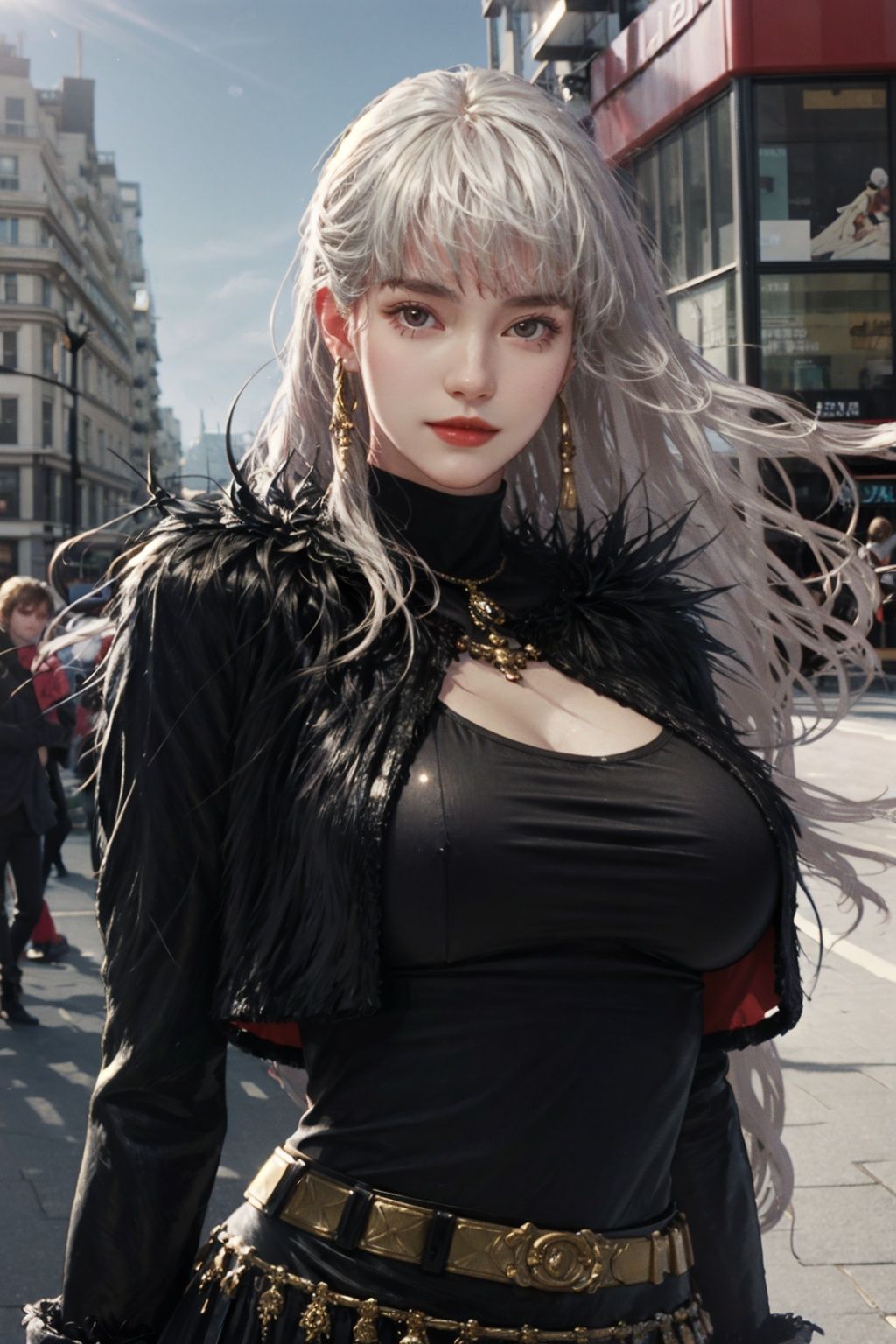 (8k, RAW photo, best quality, masterpiece:1.2), (realistic, photo-realistic:1.4), \(ulzzang-6500-v1.1\), \(detailed eyes\), \(detailed facial features\), \(\(detailed clothes features\)\), (upper body:1.2), (huge breasts:1.2), (face focus), extremely detailed CG unity 8k wallpaper, huge filesize, ultra-detailed, highres, absurdres, beautiful eyes, ray tracing, dramatic shadows, fine detail, dramatic angle, high saturation, lens flare, dramatic, god rays, silk, hyperrealistic, (photo background:1.2), (standing),cowboy shot, looking at viewer, sharp focus, volumetric fog, 8k UHD, DSLR, high quality, (film grain:1.4), Fujifilm XT3, (EOS R8,50mm,F1.2,8K,RAW photo:1.2),smile,(seductive smile), perfect hands,perfect body,wide hips, narrow waist,navel, 1girl, solo, thighhighs, weapon, sword, long hair, gloves, boots, garter straps, belt, zettai ryouiki, jewelry, skirt, white hair, sheath, <lora:dnf_slayer:.8>,outdoors, (london:1.3),(cityscape:1.2),road,(building:1.2),(street:1.1), <lora:FilmVelvia2:.6>, <lora:add_detail:.6>, 