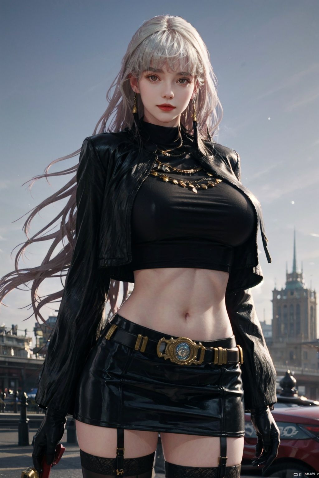(8k, RAW photo, best quality, masterpiece:1.2), (realistic, photo-realistic:1.4), \(ulzzang-6500-v1.1\), \(detailed eyes\), \(detailed facial features\), \(\(detailed clothes features\)\), (upper body:1.2), (huge breasts:1.2), (face focus), extremely detailed CG unity 8k wallpaper, huge filesize, ultra-detailed, highres, absurdres, beautiful eyes, ray tracing, dramatic shadows, fine detail, dramatic angle, high saturation, lens flare, dramatic, god rays, silk, hyperrealistic, (photo background:1.2), (standing),cowboy shot, looking at viewer, sharp focus, volumetric fog, 8k UHD, DSLR, high quality, (film grain:1.4), Fujifilm XT3, (EOS R8,50mm,F1.2,8K,RAW photo:1.2),smile,(seductive smile), perfect hands,perfect body,wide hips, narrow waist,navel, abs, 1girl, solo, thighhighs, weapon, sword, long hair, black jacket,black t-shirt, gloves, boots, garter straps, belt, zettai ryouiki, jewelry, skirt, white hair, sheath, <lora:dnf_slayer:.8>,outdoors, (london:1.3),(cityscape:1.2),road,(building:1.2),(street:1.1), <lora:FilmVelvia2:.6>, <lora:add_detail:.6>, 