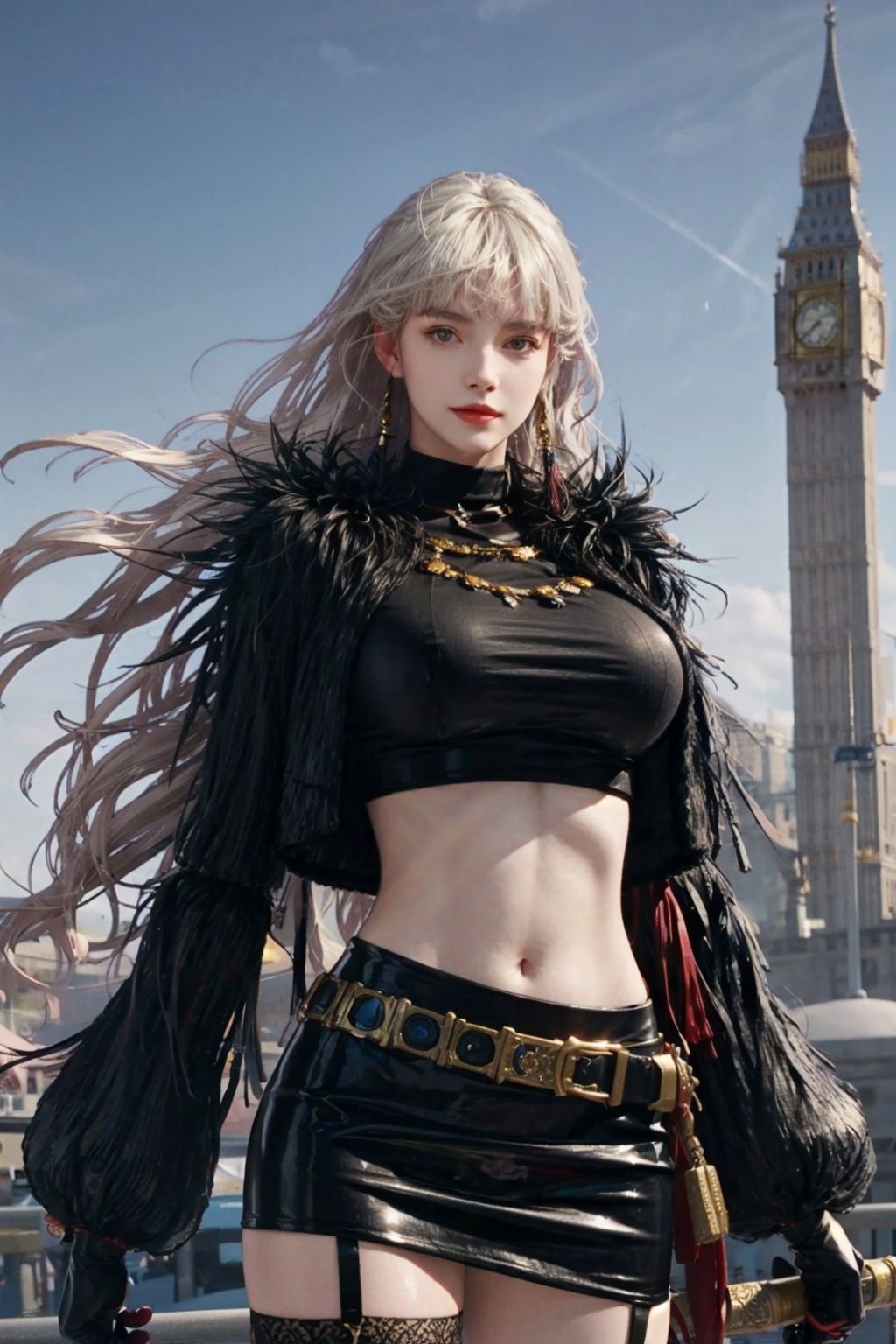 (8k, RAW photo, best quality, masterpiece:1.2), (realistic, photo-realistic:1.4), \(ulzzang-6500-v1.1\), \(detailed eyes\), \(detailed facial features\), \(\(detailed clothes features\)\), (upper body:1.2), (huge breasts:1.2), (face focus), extremely detailed CG unity 8k wallpaper, huge filesize, ultra-detailed, highres, absurdres, beautiful eyes, ray tracing, dramatic shadows, fine detail, dramatic angle, high saturation, lens flare, dramatic, god rays, silk, hyperrealistic, (photo background:1.2), (standing),cowboy shot, looking at viewer, sharp focus, volumetric fog, 8k UHD, DSLR, high quality, (film grain:1.4), Fujifilm XT3, (EOS R8,50mm,F1.2,8K,RAW photo:1.2),smile,(seductive smile), perfect hands,perfect body,wide hips, narrow waist,navel, 1girl, solo, thighhighs, weapon, sword, long hair, gloves, boots, garter straps, belt, zettai ryouiki, jewelry, skirt, white hair, sheath, <lora:dnf_slayer:.8>,outdoors, (london:1.3),(cityscape:1.2),road,(building:1.2),(street:1.1), <lora:FilmVelvia2:.6>, <lora:add_detail:.6>, 