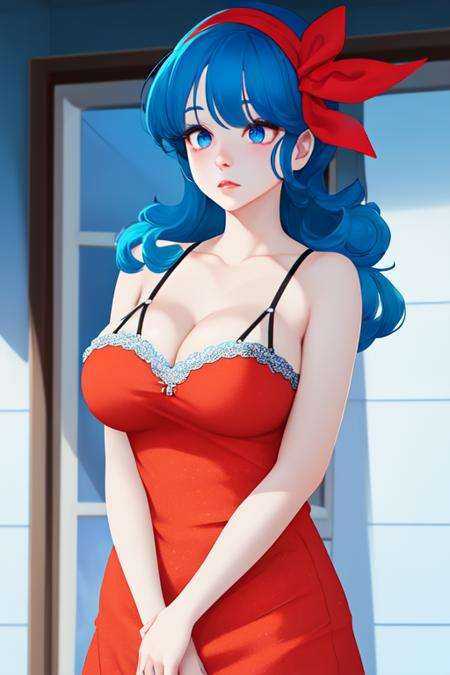 (8k, best quality, masterpiece:1.2),(detailed eyes), \(detailed facial features\), \(\(detailed clothes features\)\), upper  body,(large breasts, cleavage),(face focus),extremely detailed CG unity 8k wallpaper, huge filesize, ultra-detailed, highres, absurdres,beautiful eyes,ray tracing, dramatic shadows,fine detail,dramatic angle,high saturation,lens flare,(standing),soft light,Detailed skin texture, detailed clothing texture,looking at viewer,1girl,cute girl,pureerosface_v1,(shy:1.3),blue hair,red bow hairband,light blush,solo,china dress,highleg dress,  <lora:dragonBall_Ranchi-000018:1> 