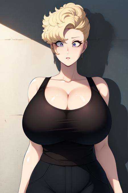 (8k, best quality, masterpiece:1.2),(detailed eyes), \(detailed facial features\), \(\(detailed clothes features\)\), upper  body,(large breasts, cleavage),(face focus),extremely detailed CG unity 8k wallpaper, huge filesize, ultra-detailed, highres, absurdres,beautiful eyes,ray tracing, dramatic shadows,fine detail,dramatic angle,high saturation,lens flare,(standing),soft light,Detailed skin texture, detailed clothing texture,looking at viewer,1woman,mature female, blonde hair,solo, <lora:dragonBall_Briefs-000018:0.7>
